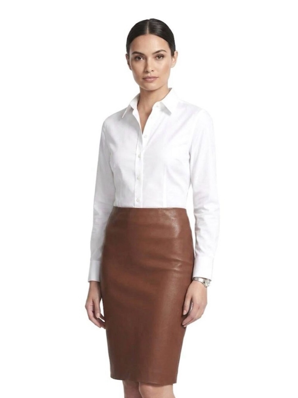 NWOT $695 Theory Leather Bristol Skinny Pencil High Waist Skirt Cognac Brown